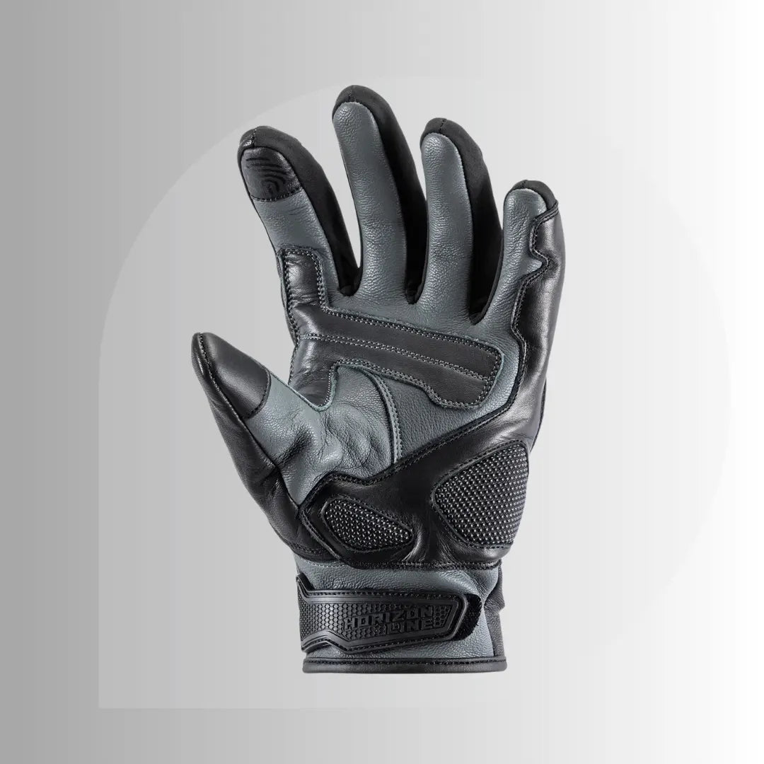 "Front view of sand/grey and black Tour Master Horizon Line Trailbreak glove constructed from supple goatskin with touchscreen-compatible index and thumb."