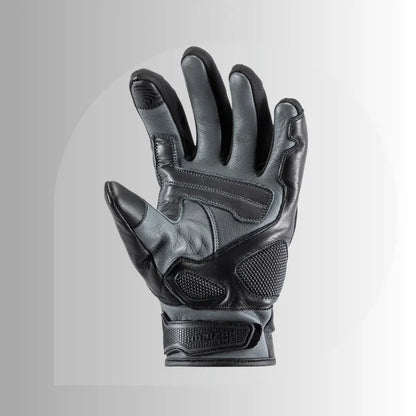 "Front view of sand/grey and black Tour Master Horizon Line Trailbreak glove constructed from supple goatskin with touchscreen-compatible index and thumb."