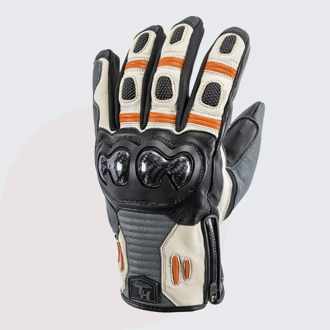 Rear view of white and black Tour Master Horizon Line Trailbreak glove with red accent lines, carbon-fiber knuckle protection, and stretch softshell fourchettes