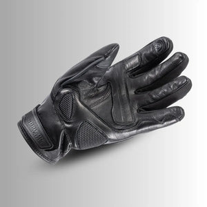 Tour Master Horizon Line Trailbreak glove front view in solid black goatskin leather with carbon-fiber knuckle protection and touchscreen-compatible fingertips