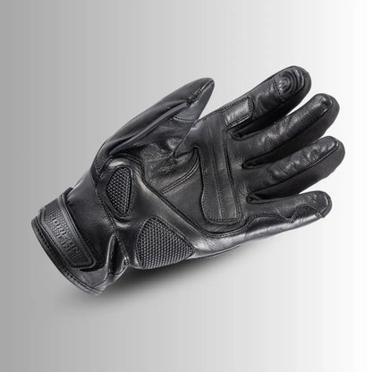 Tour Master Horizon Line Trailbreak glove front view in solid black goatskin leather with carbon-fiber knuckle protection and touchscreen-compatible fingertips
