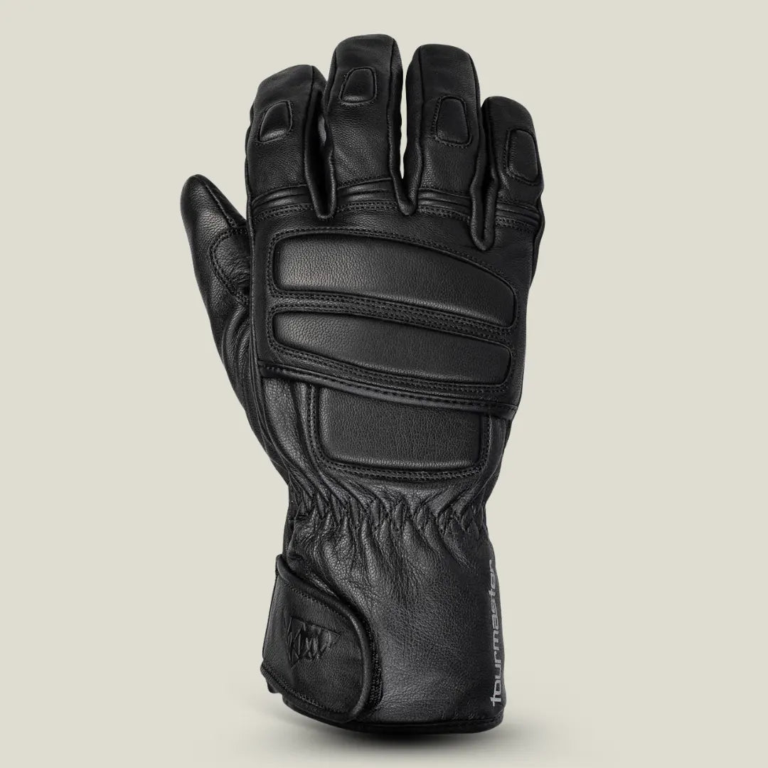 Back view of Tour Master women’s insulated leather gloves black showing EVA foam knuckle protection, stretch spandex panels, and hook-and-loop wrist closure