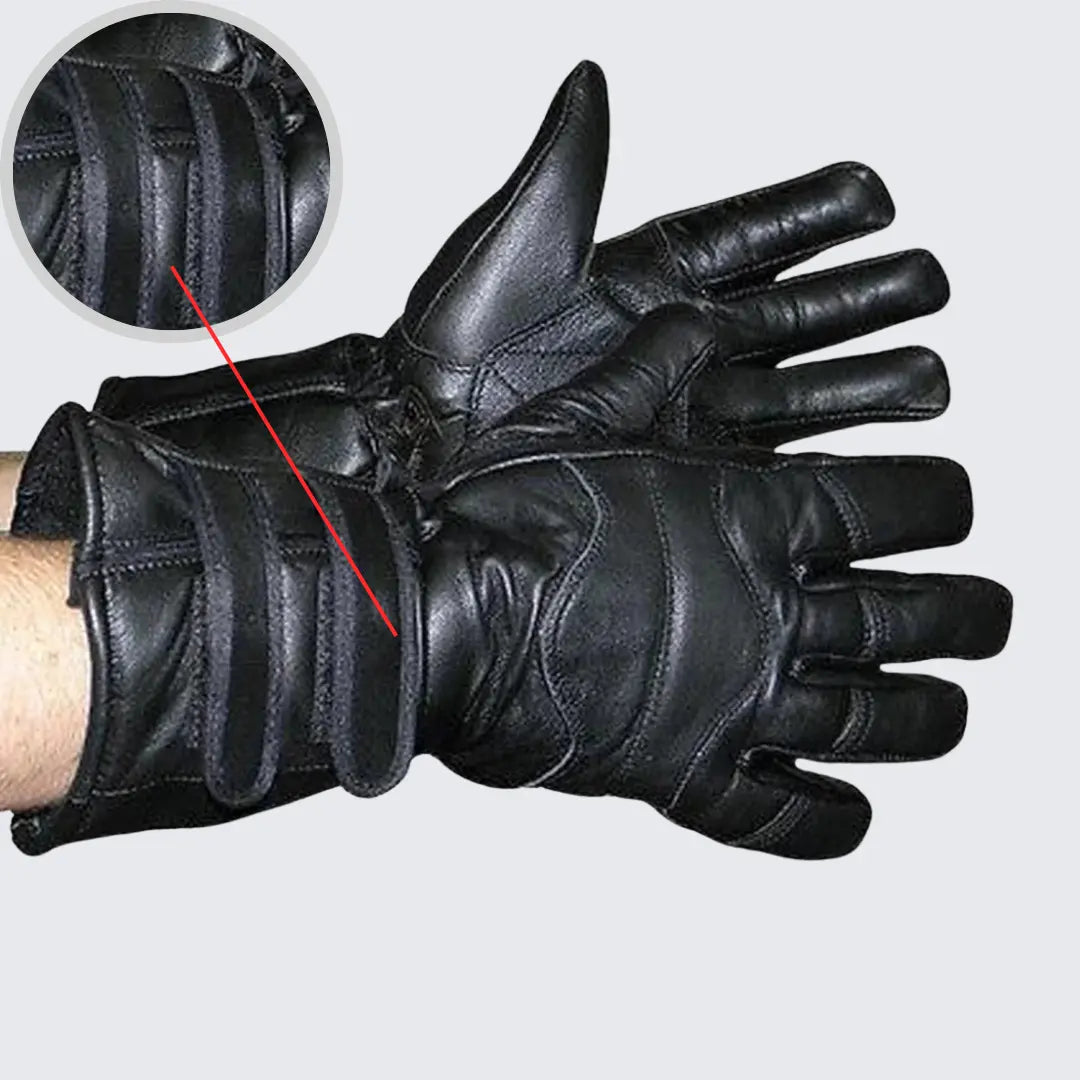 VL404 men’s insulated lambskin leather gauntlet motorcycle gloves with dual straps and lined interior for warmth