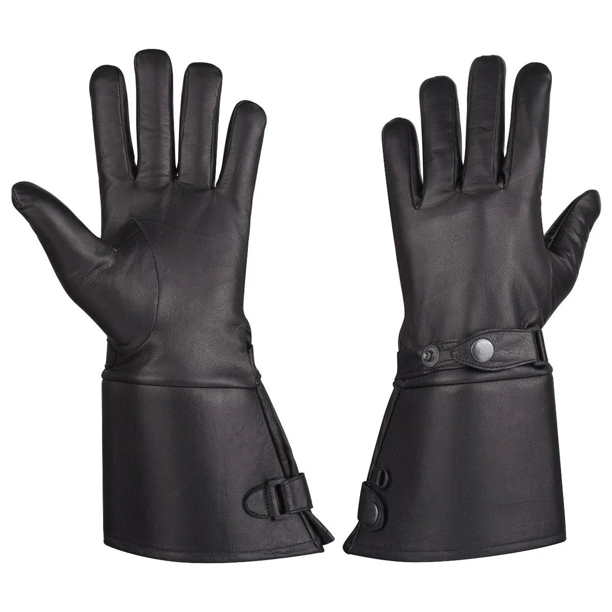 MG Men’s Thermal Lined Leather Gauntlet Gloves VL432 — pair of black leather gloves front palm view with snap wrist strap, insulated thermal lining, and extended gauntlet cuff for winter motorcycle riding