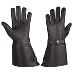 MG Men’s Thermal Lined Leather Gauntlet Gloves VL432 — pair of black leather gloves front palm view with snap wrist strap, insulated thermal lining, and extended gauntlet cuff for winter motorcycle riding