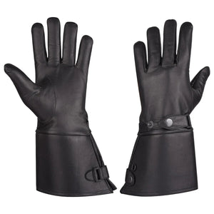 MG Men’s Thermal Lined Leather Gauntlet Gloves VL432 — pair of black leather gloves front palm view with snap wrist strap, insulated thermal lining, and extended gauntlet cuff for winter motorcycle riding