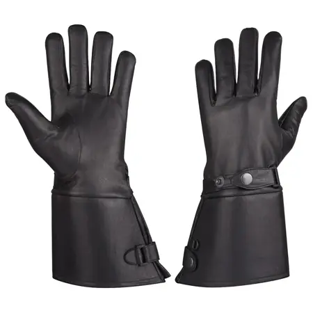 MG Men’s Thermal Lined Leather Gauntlet Gloves VL432 — pair of black leather gloves front palm view with snap wrist strap, insulated thermal lining, and extended gauntlet cuff for winter motorcycle riding