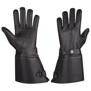 MG Men’s Thermal Lined Leather Gauntlet Gloves VL432 — pair of black leather gloves front palm view with snap wrist strap, insulated thermal lining, and extended gauntlet cuff for winter motorcycle riding