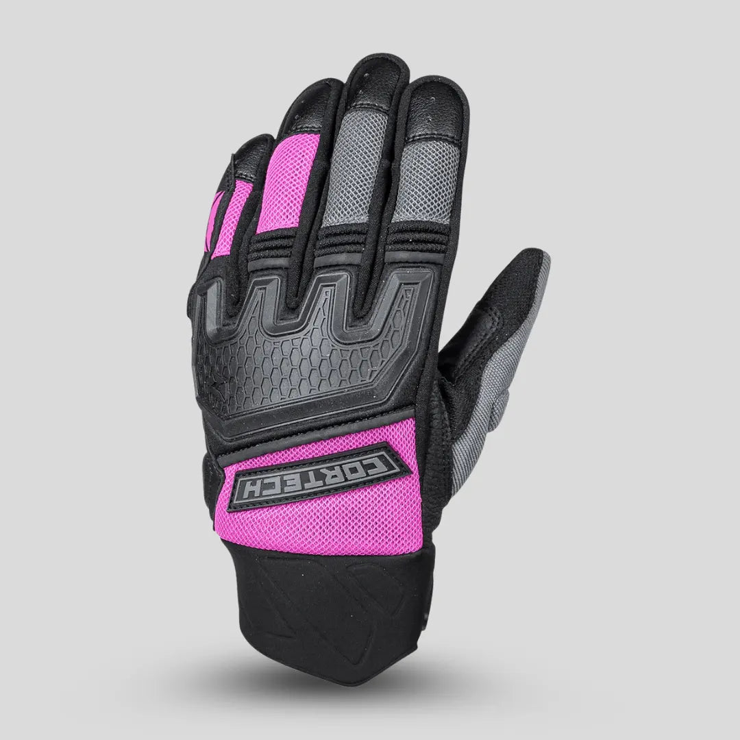 Women's Aero-Flo 2.0 Cortech motorcycle gloves back view black grey pink with ventilated knuckle protection