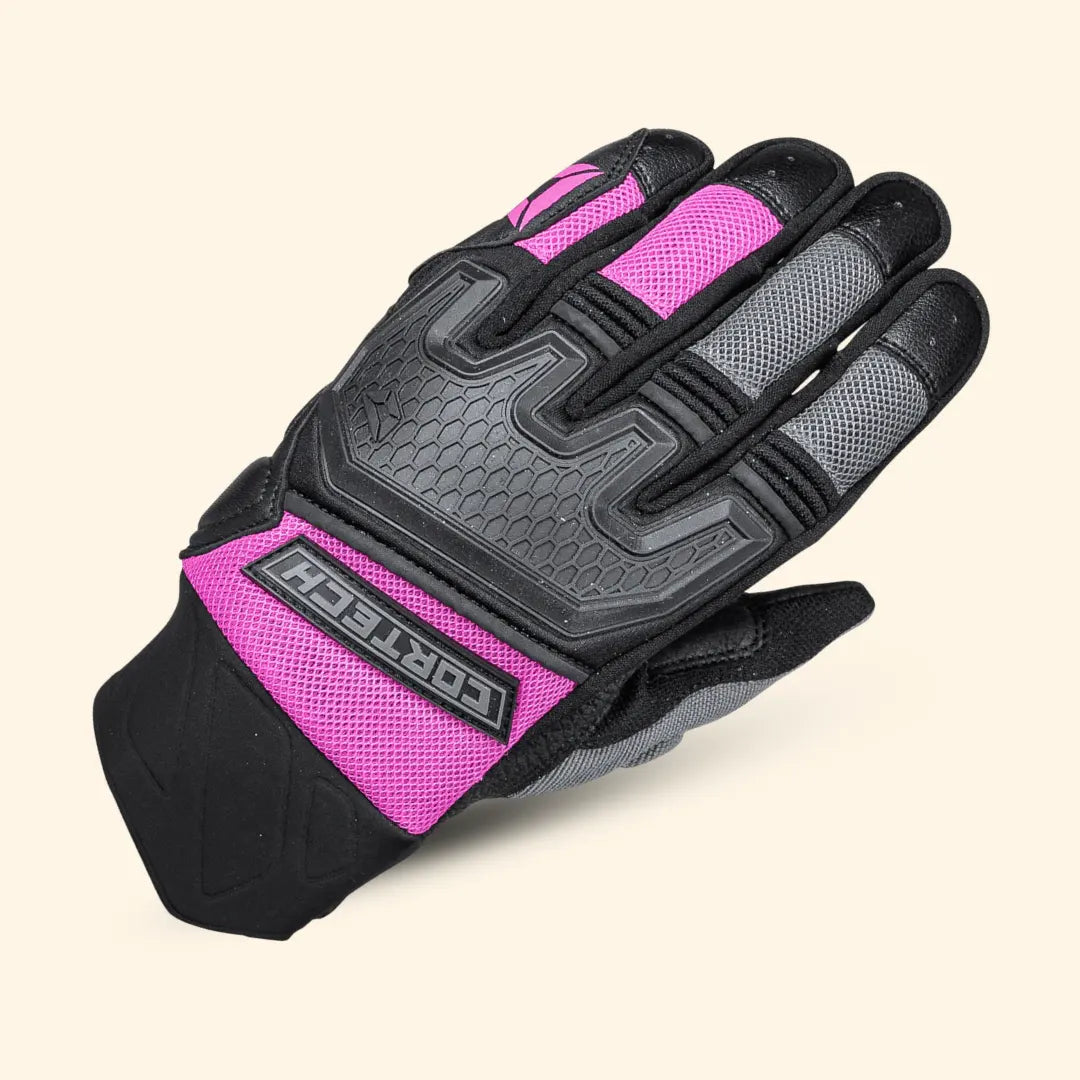 Women's Aero-Flo 2.0 Cortech motorcycle gloves lay-down back view pink black grey with adjustable wrist closure