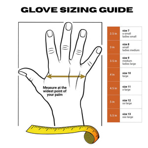 Glove sizing guide for heated motorcycle gloves showing palm measurement chart