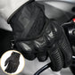 Close-up of a person's hand wearing a black Icon Contra 3 CE motorcycle glove, featuring carbon-look knuckle protection, mesh ventilation, and synthetic Ax Laredo palm material, holding onto a motorcycle handlebar. A smaller inset image shows a full view of the black Icon Contra 3 CE glove