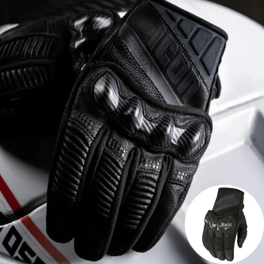 Pair of Icon Contra 3 CE gloves ready for motorcycle riding, reflecting classic sportbike style and modern protective features for street and touring.