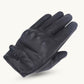 Back view of  men’s knuckle-armoured leather gloves by MG showing secure wrist strap and durable stitching