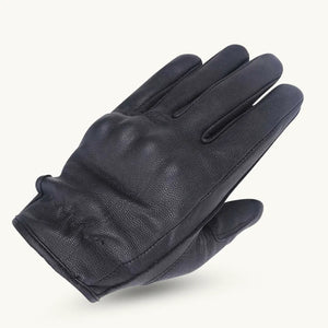 Back view of  men’s knuckle-armoured leather gloves by MG showing secure wrist strap and durable stitching