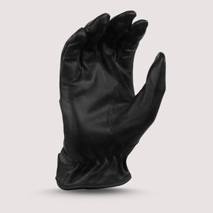 Back view of MG VL440 men’s black unlined leather driving gloves showing fine-grain leather detail