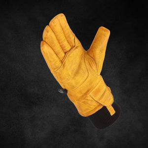 Workers Waterproof Glove for Skiing, Snowboarding and Mountaineering in Yellow Leather — front view showing gauntlet cuff, touch-wipe thumb, and reinforced grip palm