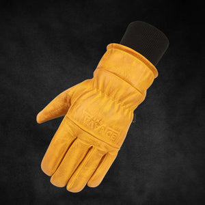 Workers Waterproof Glove for Skiing, Snowboarding and Mountaineering in Yellow Leather — back view highlighting waterproof design, insulated wrist gauntlet, and abrasion-resistant shell